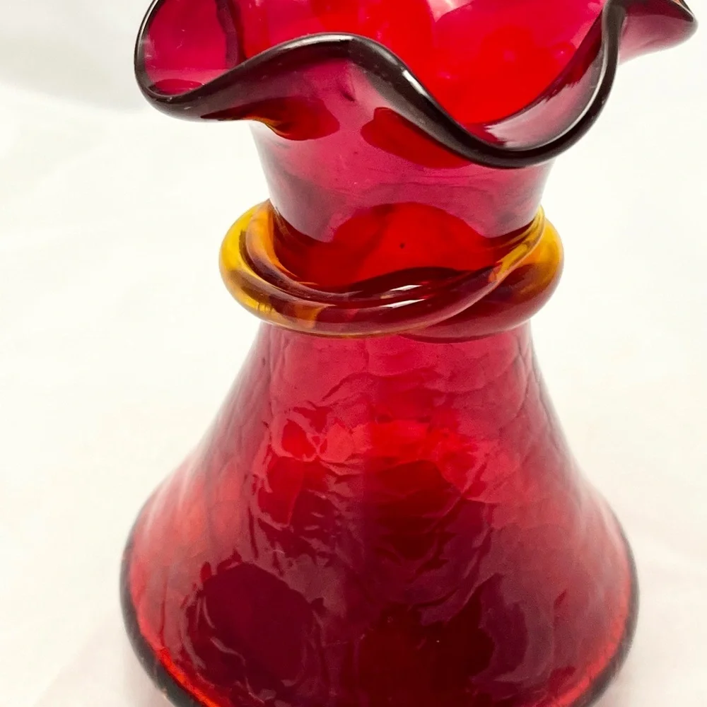 Amberina Ruby Red Crackle Glass Vase, Hand-blown Ruffle Rim, Cut Pontil, VTG EUC